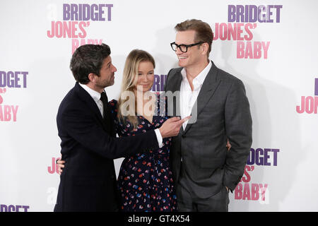 Madrid, Espagne. 9 Septembre, 2016. Acteurs Patrick Dempsey, Renée Zellweger et Colin Firth lors d'un photocall de "Bridget Jones's Baby' à Madrid, Espagne le vendredi 9 septembre 2016 Crédit : Gtres información más Comuniación on line,S.L./Alamy Live News Banque D'Images