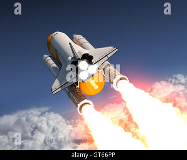 Lancement de la navette spatiale au-dessus des nuages. 3D Illustration. Banque D'Images