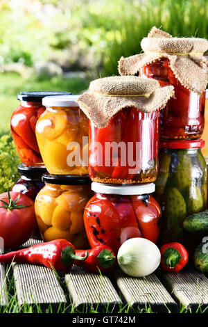 Pots de légumes et fruits dans le jardin. Les aliments marinés. Banque D'Images