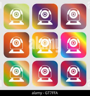 Icône de signe de webcam. Vidéo Web chat symbole. Chat de l'appareil photo . 9 boutons avec des dégradés lumineux pour beau design. Vector Illustration de Vecteur