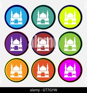 L'architecture de la mosquée turque, l'icône de signe. 9 boutons ronds multicolores. Vector Illustration de Vecteur