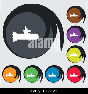 L'icône de sous-marin signe. Symboles sur huit boutons de couleur. Vector Illustration de Vecteur