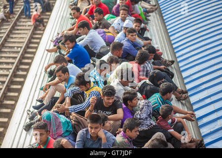 Dhaka, Bangladesh. 09Th Sep 2016. Des milliers d'équitation le toit d'un train à la Gare de l'aéroport de Dacca pour célébrer l'Eid-ul-Azha avec leur famille dans les villes et villages. Eid-ul-Azha surpeuplés vacanciers La Gare de l'aéroport. Credit : Nayan Kumar/Pacific Press/Alamy Live News Banque D'Images