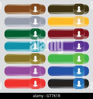 L'icône de la mine mortier signe. Set de 14 boutons en verre multicolore avec place pour le texte. Vector Illustration de Vecteur