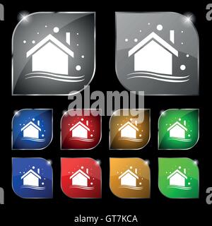 L'icône maison d'hiver signe. Ensemble de dix boutons colorés avec éblouissement. Inscrivez-vecteur. Ensemble de dix boutons colorés avec éblouissement. Vector Illustration de Vecteur