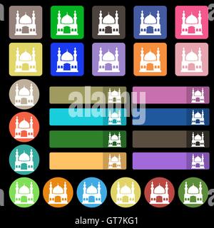 L'architecture de la mosquée turque, l'icône de signe. Set de vingt sept boutons plats multicolores. Vector Illustration de Vecteur