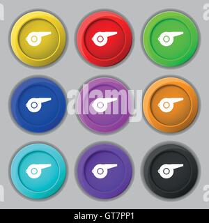 Icône sifflet signe. symbole sur neuf boutons colorés. Vector Illustration de Vecteur