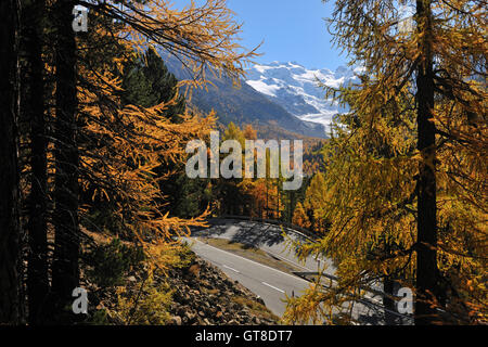 Tourner en épingle, Glacier Morteratsch, col de la Bernina, Pontresina, Maloja, Canton des Grisons, Suisse Banque D'Images