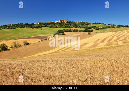 Champ de blé en été avec une ville historique de Pienza, Province de Sienne, Toscane, Italie Banque D'Images