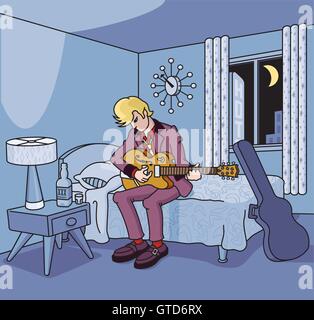 Le guitariste joue dans une chambre d'hôtel miteuse avec vintage accessoires. Juste une autre âme perdue sur le boulevard des rêves brisés. Illustration de Vecteur