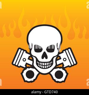 Crâne vecteur et les pistons à l'arrière-plan de la flamme Illustration de Vecteur