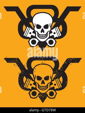 Moteur V8 emblème avec crâne et pistons. Comprend à la fois propre et grunge versions. Illustration de Vecteur