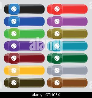 L'icône de balle de tennis signe. Set de 14 boutons en verre multicolore avec place pour le texte. Vector Illustration de Vecteur