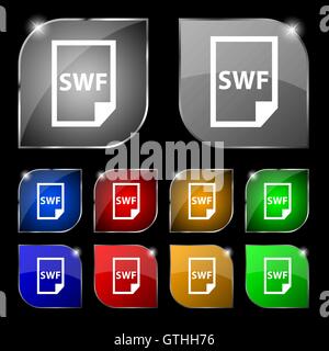 L'icône du fichier SWF signe. Ensemble de dix boutons colorés avec éblouissement. Vector Illustration de Vecteur