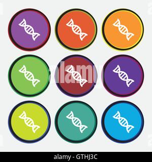 L'icône de l'ADN signe. 9 boutons ronds multicolores. Vector Illustration de Vecteur
