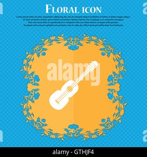 L'icône l'icône de la guitare acoustique. Design plat floral sur un fond abstrait bleu avec place pour votre texte. Vector Illustration de Vecteur