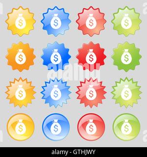 Sac de l'argent signe l'icône. Grand ensemble de 16 boutons modernes colorés pour votre conception. Vector Illustration de Vecteur