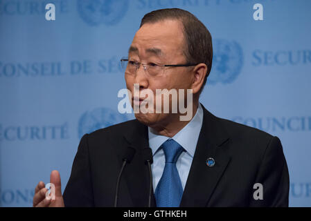 New York City, USA. 9 Septembre, 2016. À la suite de la détonation d'un test de missile-capacité dispositif nucléaire en Punggye-ri région de la Corée du Nord, le Secrétaire général des Nations Unies, Ban Ki-moon, a parlé au Conseil de sécurité de surveillance menée au Siège des Nations Unies à New York, NY, condamnant l'essai comme un encore un autre violation de toutes les sanctions imposées par le Conseil de sécurité. Credit : PACIFIC PRESS/Alamy Live News Banque D'Images