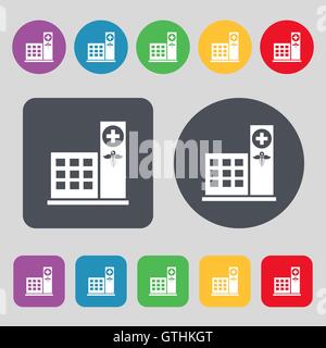 L'icône de l'hôpital signe. Un ensemble de 12 boutons de couleur. Modèle plat. Vector Illustration de Vecteur