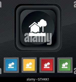 L'icône Accueil inondations symbole. Ensemble de cinq boutons coloré et élégant sur la texture noire pour votre conception. Vector Illustration de Vecteur