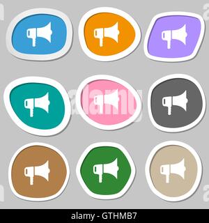 Megaphone icon symboles. Papier autocollants multicolores. Vector Illustration de Vecteur