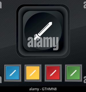 L'icône épée symbole. Ensemble de cinq boutons coloré et élégant sur la texture noire pour votre conception. Vector Illustration de Vecteur