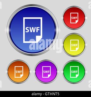 L'icône du fichier SWF signe. Le symbole rond sur les boutons de couleurs vives. Vector Illustration de Vecteur