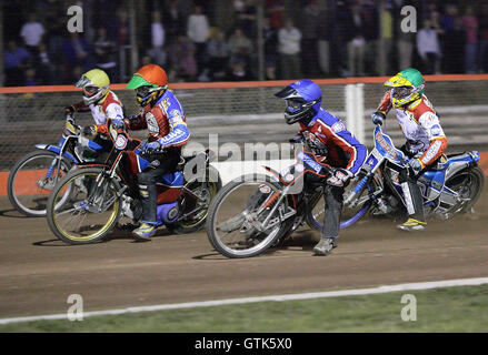 9 - Chaleur Kasprzak (rouge), Lanham (bleu), Moore (jaune), Ulamek (vert) - Lakeside Hammers contre Swindon Robins - Sky Sports Ligue élite à Purfleet, Arena Essex - 17/08/07 Banque D'Images