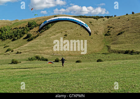 Dans l'atterrissage parapente green field Banque D'Images