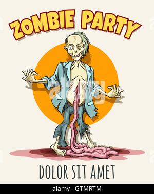 Zombie Halloween Party Poster. Zombie dessiné à la main avec courage à l'extérieur. Vector illustration. Illustration de Vecteur