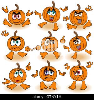 Série de 9 drôle Halloween citrouille orange que gesticuler avec mains isolé sur le fond blanc, cartoon vector illustr Illustration de Vecteur