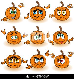 Série de 9 citrouilles orange Halloween amusante que gesticuler avec mains isolé sur le fond blanc, cartoon vector illus Illustration de Vecteur