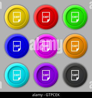 L'icône du fichier SWF signe. symbole sur neuf boutons colorés. Vector Illustration de Vecteur