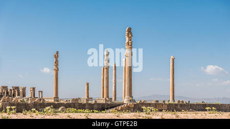 Persepolis signifie littéralement "la ville perse', également connu sous le nom de trône de Jamshid , était la capitale de cérémonie de l'Empire achéménide (ca. 550-330 av. J.-C.). Persepolis est situé à 60 km au nord-est de la ville de Shiraz dans la province du Fars, en Iran. La première demeure de Persépolis remontent à 515 avant JC. Elle illustre bien le style d'architecture achéménide. L'UNESCO a déclaré les ruines de Persepolis un site du patrimoine mondial en 1979. Banque D'Images