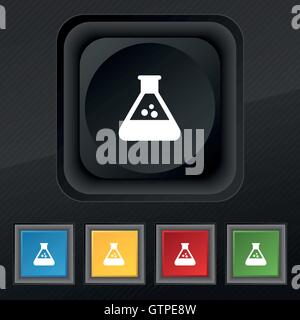 Symbole de l'icône de la chimie. Ensemble de cinq boutons coloré et élégant sur la texture noire pour votre conception. Vector Illustration de Vecteur