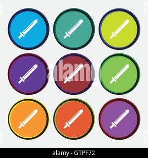 L'icône épée signe. 9 boutons ronds multicolores. Vector Illustration de Vecteur