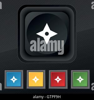 Star Ninja shurikens, symbole de l'icône. Ensemble de cinq boutons coloré et élégant sur la texture noire pour votre conception. Vector Illustration de Vecteur