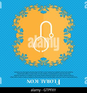 Icône Icône stéthoscope. Design plat floral sur un fond abstrait bleu avec place pour votre texte. Vector Illustration de Vecteur