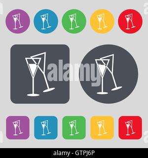 Icône verre champagne signe. Un ensemble de 12 boutons de couleur. Modèle plat. Vector Illustration de Vecteur