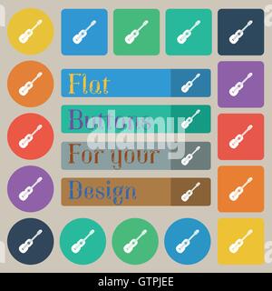 L'icône de guitare acoustique signe. Ensemble de vingt plats, ronds de couleur, boutons carrés et rectangulaires. Vector Illustration de Vecteur