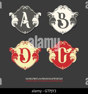 Vector collection de logos et monogrammes alphabet. Alphabet inhabituelle sur des panneaux. Dans les armoiries de style renaissance et baroque. Illustration de Vecteur