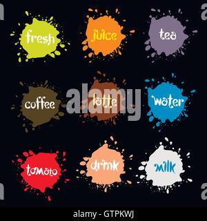 Blots de pulvérisation, image colorée inhabituelle tache logos moderne. Vecteur de collecte de fonds de boissons. Illustration de Vecteur