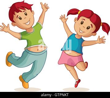 Peu d'happy boy and girl jumping. Vector illustration. L'amitié Illustration de Vecteur