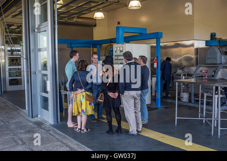 Guide d'excursion, les touristes, visiteurs, tasing l'huile d'olive, dégustation d'huile d'olive, bassin rond Moulin d'olive, Rutherford, Napa Valley, Californie Banque D'Images