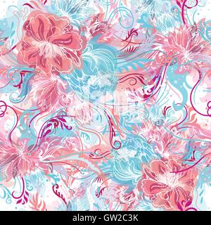 Doodle style ornemental sans couture croquis d'arrière-plan avec effet aquarelle et lignes blanches dans les couleurs bleu et rose Illustration de Vecteur