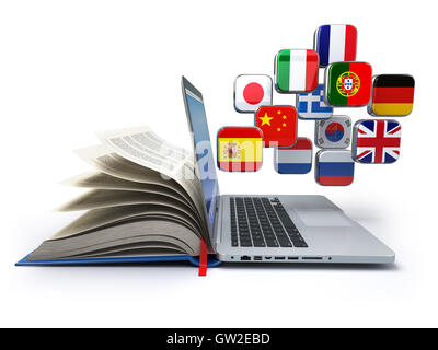 E-learning ou traducteur en ligne gratuit. L'apprentissage des langues en ligne. Ordinateur portable, réserver et drapeaux. 3d illustration Banque D'Images