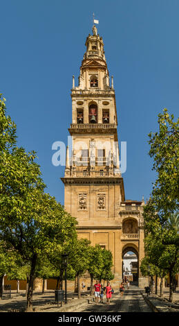 Cordoba, Cordoue, Andalousie, province du sud de l'Espagne. Torre del Alminar de la mosquée vu de l'intérieur du carré orange Banque D'Images