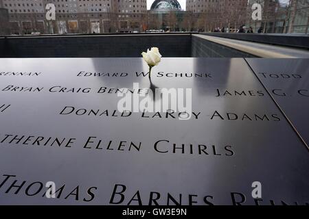 Rose placé sur un nom au Mémorial le 11 septembre 2001 à Lower Manhattan. Banque D'Images