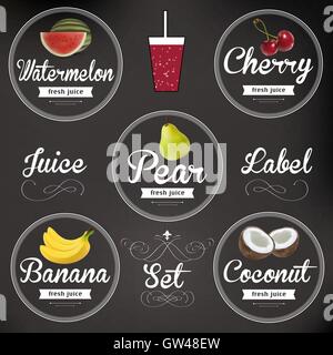 Les jus de fruits. Jeu d'étiquettes de Scénario détaillé Illustration de Vecteur