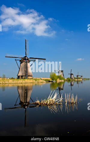 Moulins à vent hollandais à un canal, Kinderdijk, Alblasserwaard polder, Hollande méridionale, Pays-Bas Banque D'Images